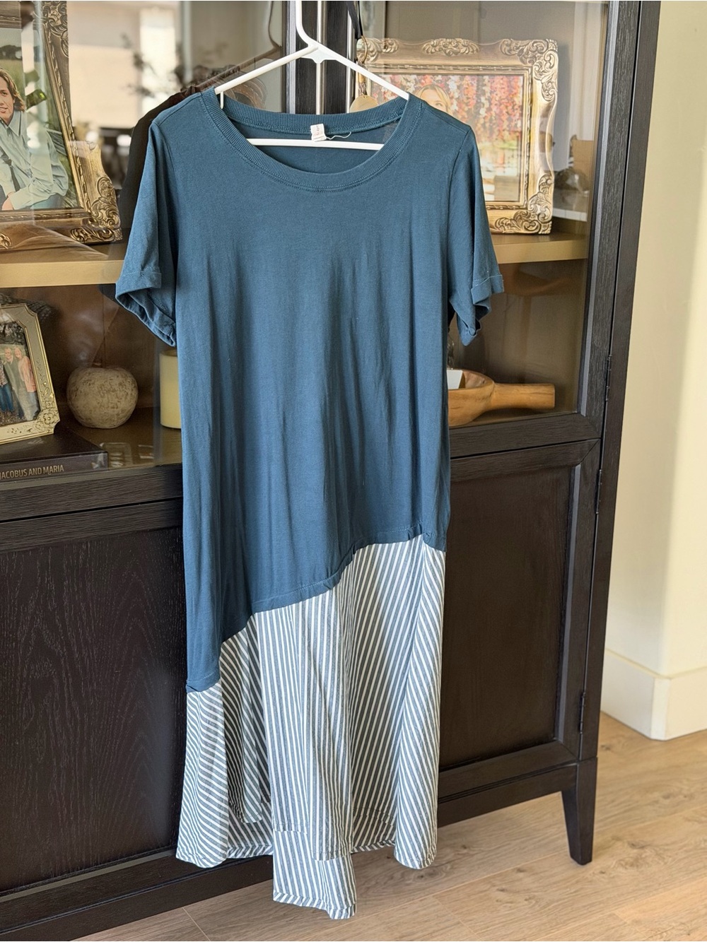 Anthropologie - Daily Practice Navy Asymmetrical Hem Dress with Striped Panel